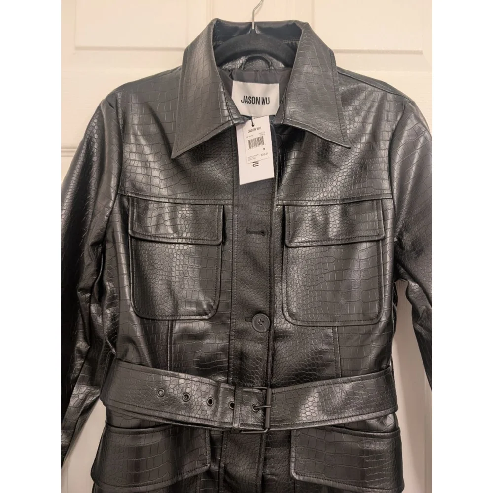 NEW Jason Wu Black Croc Embossed Faux Leather Long Trench Coat M Edgy Jacket